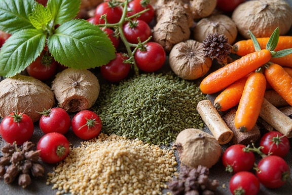 Immagine di ingredienti naturali come erbe e radici, che simboleggiano la potenza della natura per la salute.