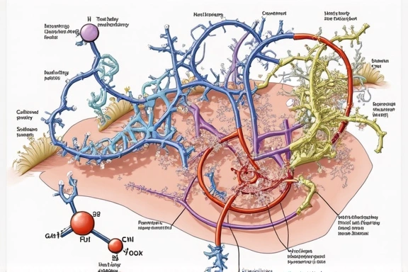Diagramma di molecole organiche e strutture cellulari, rappresentando la biochimica