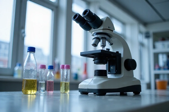 Microscopio e provette in un ambiente di laboratorio pulito, simboleggiante la ricerca scientifica